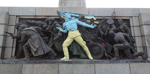 <span class="caption">Monument to the Soviet Army in Sofia, Bulgaria, painted overnight on February 24 2014 by unknown activists in solidarity with anti-Russian protests in Ukraine.</span> <span class="attribution"><span class="source">Wikimedia Commons</span>, <a class="link " href="http://creativecommons.org/licenses/by-sa/4.0/" rel="nofollow noopener" target="_blank" data-ylk="slk:CC BY-SA;elm:context_link;itc:0;sec:content-canvas">CC BY-SA</a></span>