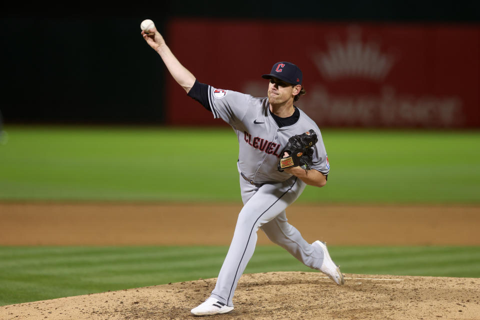 OAKLAND, CALIFORNIA - MARCH 28: Shane Bieber #57 of the Cleveland Guardians pitches against the Oakland Athletics in the sixth inning at Oakland Coliseum on March 28, 2024 in Oakland, California. (Photo by Ezra Shaw/Getty Images)