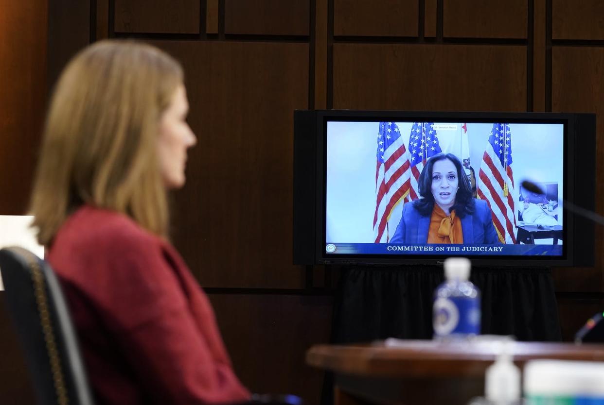 <span class="caption">Sen. Kamala Harris speaks via video link during the second day of confirmation hearings for Supreme Court nominee Judge Amy Coney Barrett on Oct. 13, 2020 in Washington, D.C.</span> <span class="attribution"><a class="link " href="https://www.gettyimages.com/detail/news-photo/democratic-vice-presidential-candidate-sen-kamala-harris-news-photo/1229055793?adppopup=true" rel="nofollow noopener" target="_blank" data-ylk="slk:Patrick Semansky-Pool/Getty Images;elm:context_link;itc:0;sec:content-canvas">Patrick Semansky-Pool/Getty Images</a></span>