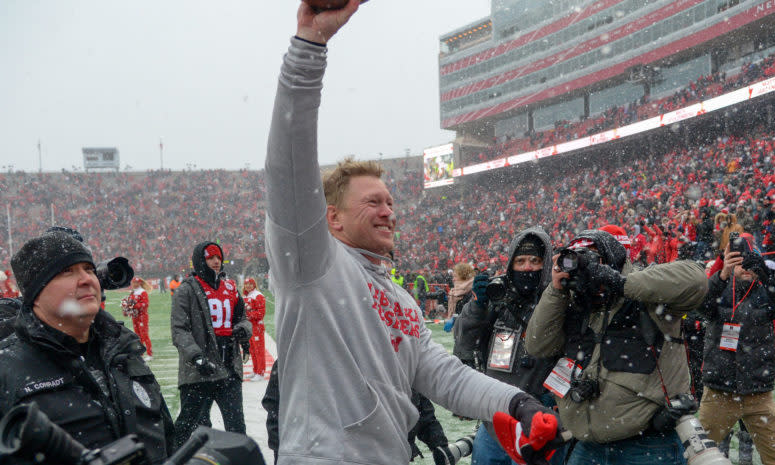 Scott Frost celebrating after a Nebraska Cornhuskers game.