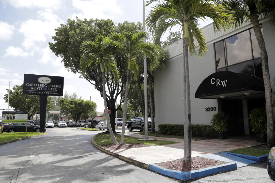 Pictured is the Caballero Rivero Funeral Home, Thursday, Oct. 3, 2019, where services will be held Friday for Mexican singer Jose Romulo Sosa Ortiz, also known as Jose Jose, in Miami. (AP Photo/Lynne Sladky)