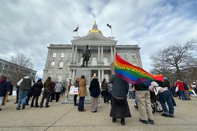 Advocates for transgender youth rally outside the New Hampshire Statehouse, in Concord, N.H., Tuesday, March 7, 2023. House and Senate committees are holding public hearings on four bills opponents say would harm the health the health and safety of transgender youth.