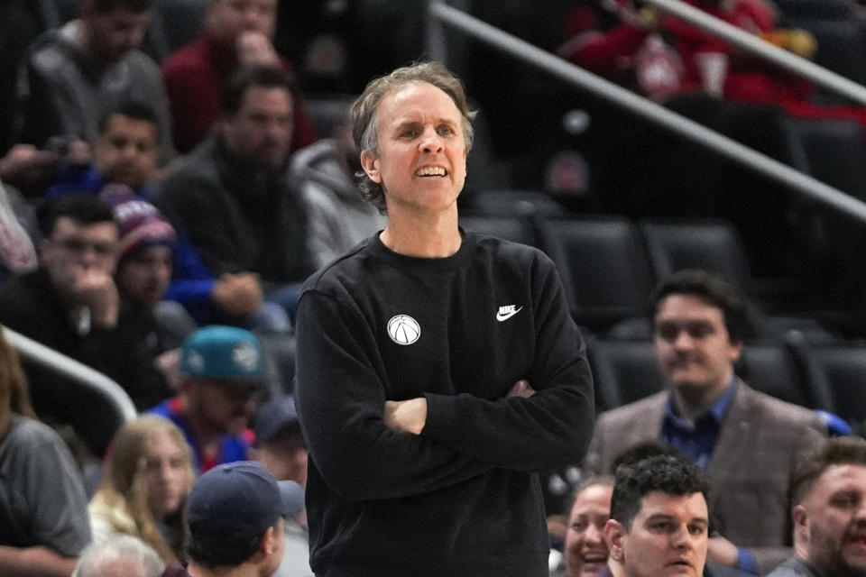 Washington Wizards interim head coach Brian Keefe watches against the Detroit Pistons in the first half of an NBA basketball game in Detroit, Saturday, Jan. 27, 2024. (AP Photo/Paul Sancya)