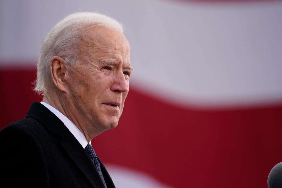 Joe Biden holds back emotion in a speech in Wilmington, Delaware, before travelling to Washington DC for his inauguration (AP)