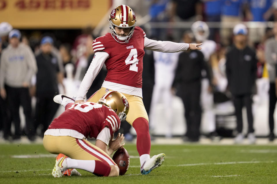 San Francisco 49ers place-kicker Jake Moody kicks a field goal against the Detroit Lions during the second half of the NFC Championship NFL football game in Santa Clara, Calif., Sunday, Jan. 28, 2024. (AP Photo/Godofredo A. Vasquez)