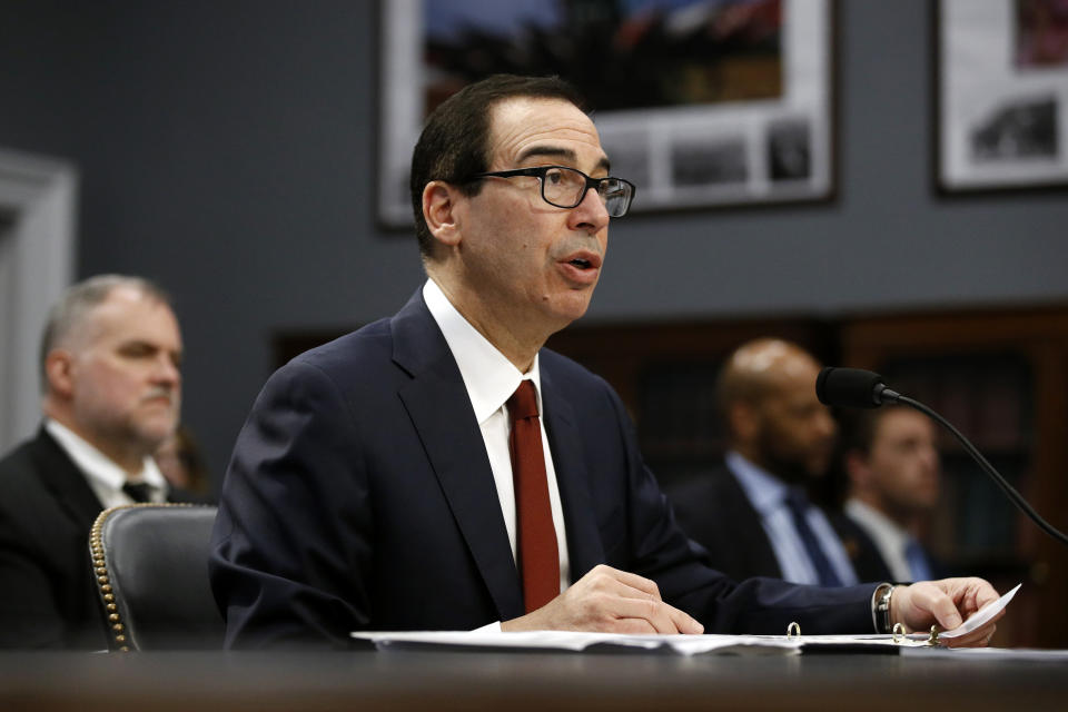 Treasury Secretary Steven Mnuchin testifies before a House Appropriations subcommittee on April 9. He's missed deadlines to respond to a House request to turn over Trump's tax returns, but said he's still considering it. (ASSOCIATED PRESS)