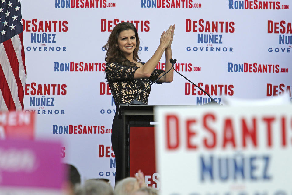 Casey DeSantis greets a crowd of supporters during a rally for her husband, Republican Florida gubernatorial candidate Ron DeSantis, on Nov. 4, 2018, in Boca Raton.