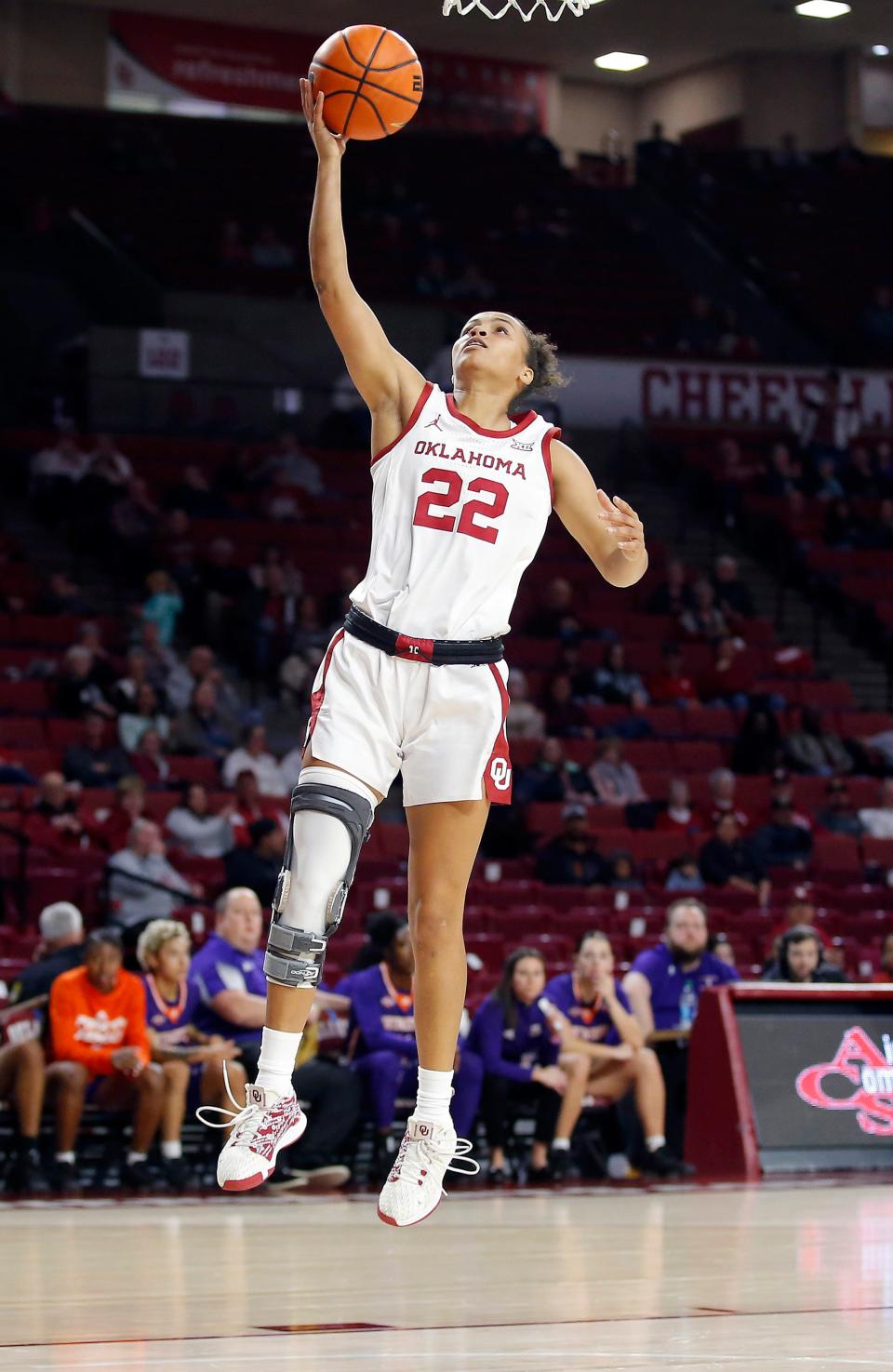 OU's Ana Llanusa goes up for a layup in the first half of the Sooners' game against Northwestern State at Lloyd Noble Center in Norman on Nov. 30, 2022.