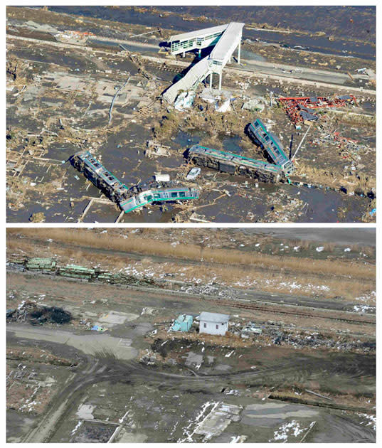 The tsunami-devastated Shinchi town in Fukushima prefecture is seen in these images taken March 12, 2011 (top) and March 2, 2012, in this combination photo released by Kyodo on March 7, 2012, ahead of the one-year anniversary of the March 11 earthquake and tsunami. Mandatory Credit REUTERS/Kyodo
