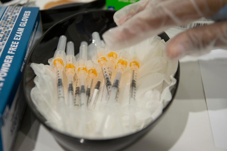 Monkeypox vaccines released from the U.S. Strategic National Stockpile are given to eligible New Jersey residents at Bergen New Bridge Medical Center in Paramus to help prevent the spread of the once-rare disease. A bowl full of monkeypox vaccinations are ready for individuals in Paramus, N.J. on Thursday Aug. 4, 2022. 