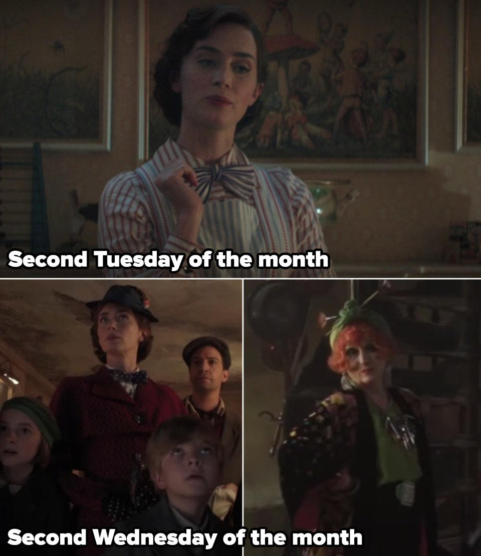 Mary Poppins working the second Tuesday of the month in "Mary Poppins Returns;" Mary visiting Topsy on the second Wednesday of the month