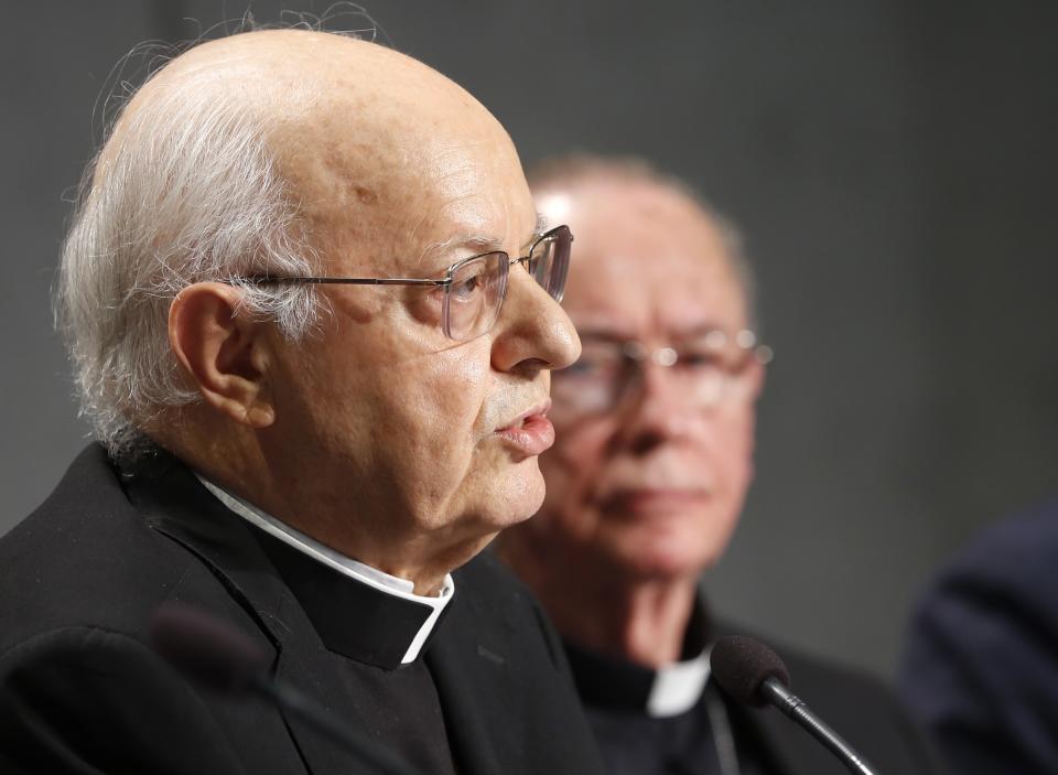 Cardinal Brazilian Cardinal Claudio Hummes, General Rapporteur for the Synod of Bishops for the Pan-Amazon region, speaks during a press conference announcing the synod, at the Vatican, Thursday, Oct. 3, 2019. The meeting, which opens on Oct. 6, will discuss social and environmental problems faced by the inhabitants of the Amazon, including the increasing rate of deforestation in the region. At right listening to him is Cardinal Lorenzo Baldisseri, Secretary General of the Synod of Bishops. (AP Photo/Domenico Stinellis)