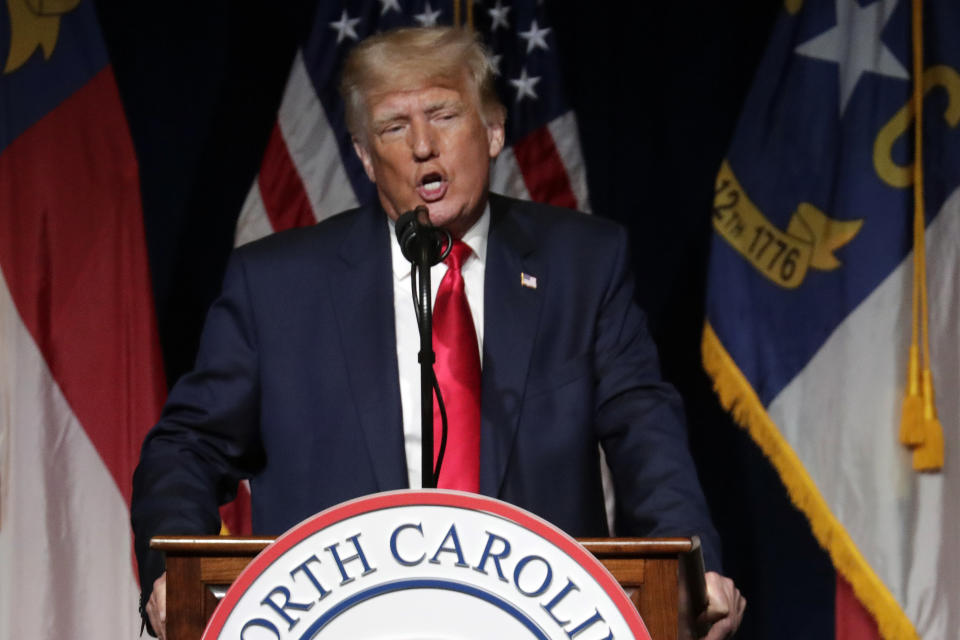 Former President Donald Trump speaks at the North Carolina Republican Convention Saturday, June 5, 2021, in Greenville, N.C. (AP Photo/Chris Seward)