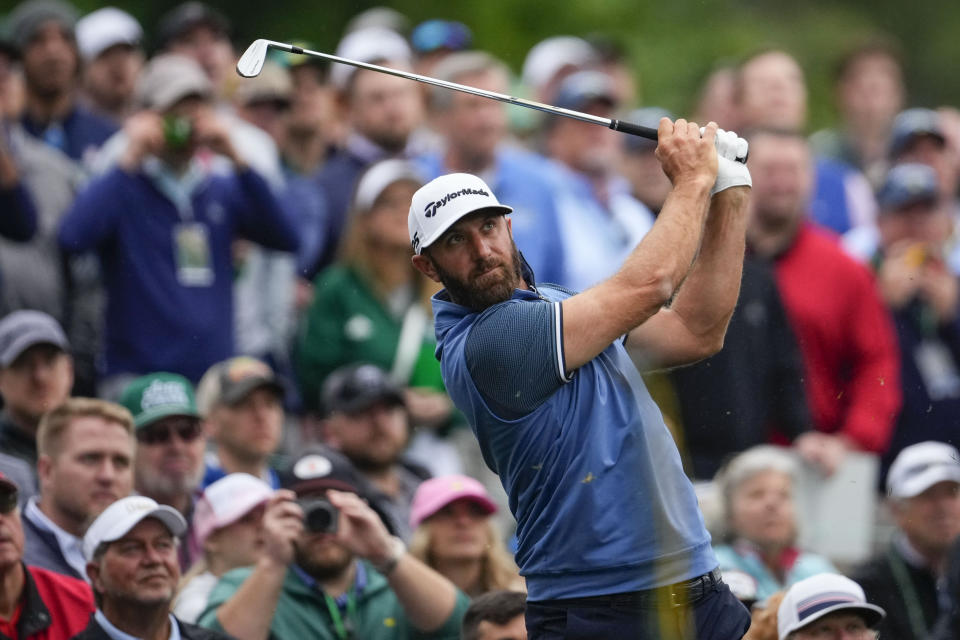 Dustin Johnson hits on the 12th fairway during a practice for the Masters golf tournament at Augusta National Golf Club, Monday, April 3, 2023, in Augusta, Ga. (AP Photo/Matt Slocum)