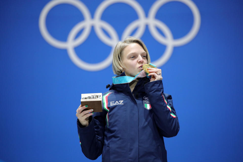 <p>Arianna Fontana of Italy celebrates winning the gold in Ladies’ 500m Short Track Speed Skating. (Getty) </p>