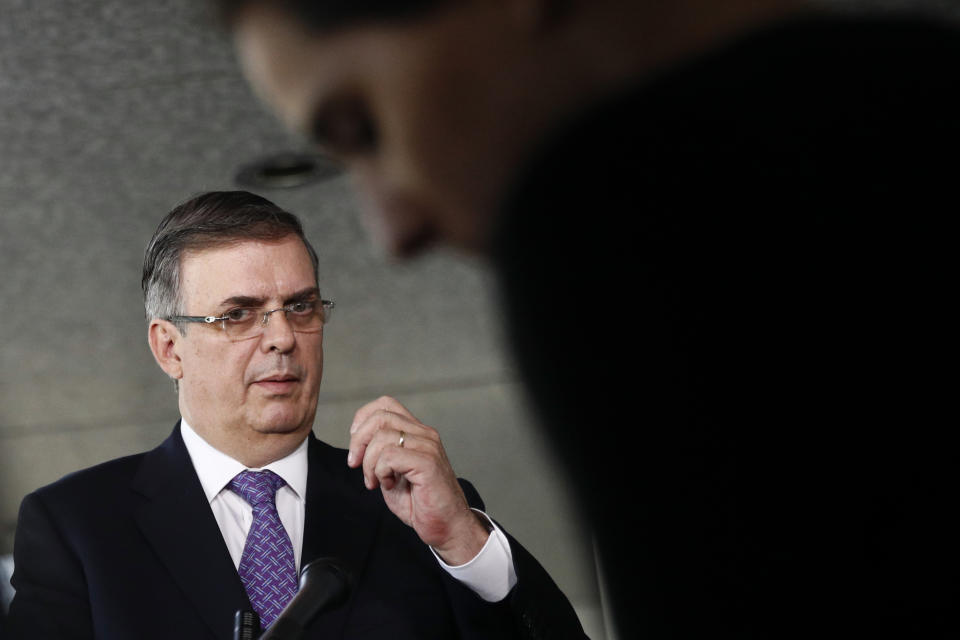 Mexico's Foreign Secretary Marcelo Ebrard speaks with reporters, Thursday, May 23, 2019, after meeting with Secretary of State Mike Pompeo at the U.S. State Department in Washington. (AP Photo/Patrick Semansky)