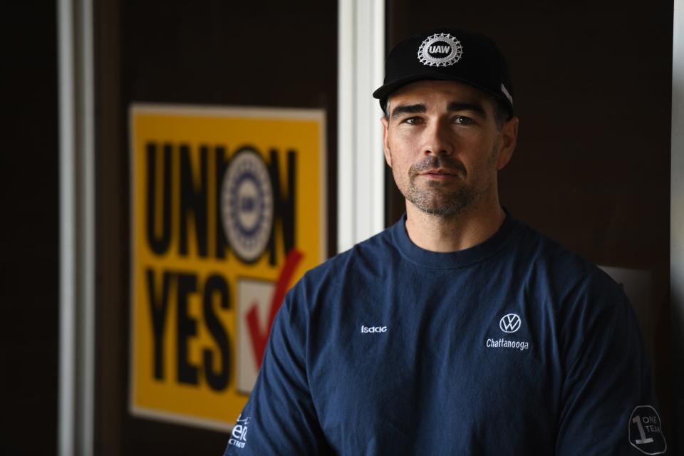 Isaac Meadows in front of the United Auto Workers headquarters in Chattanooga, Tenn., March 21, 2024. Meadows, a line worker at the Chattanooga Volkswagen plant, supports the UAW's campaign to form a union at the facility. He has hopes of better pay, more control over his schedule and having more of a voice in the organization.