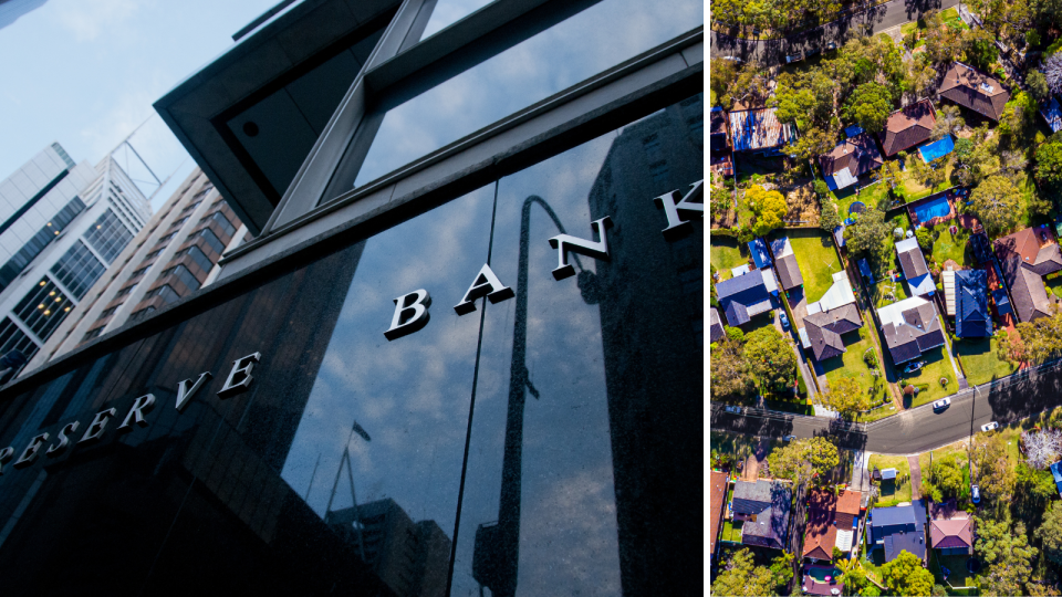 The Reserve Bank sign on the RBA building and an aerial shot of houses in Australia.