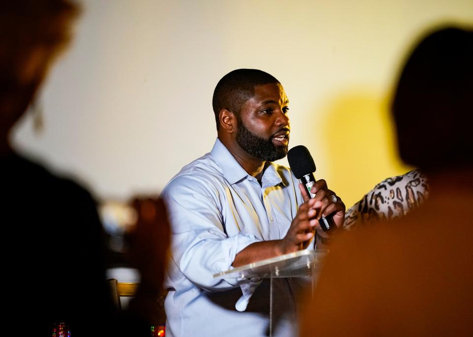 U.S. Rep. Byron Donalds, R-Fla., addresses a crowd during an event hosted by the Naples Republican Club at Stix Sushi and Seafood in Naples on Tuesday, Aug. 8, 2023.