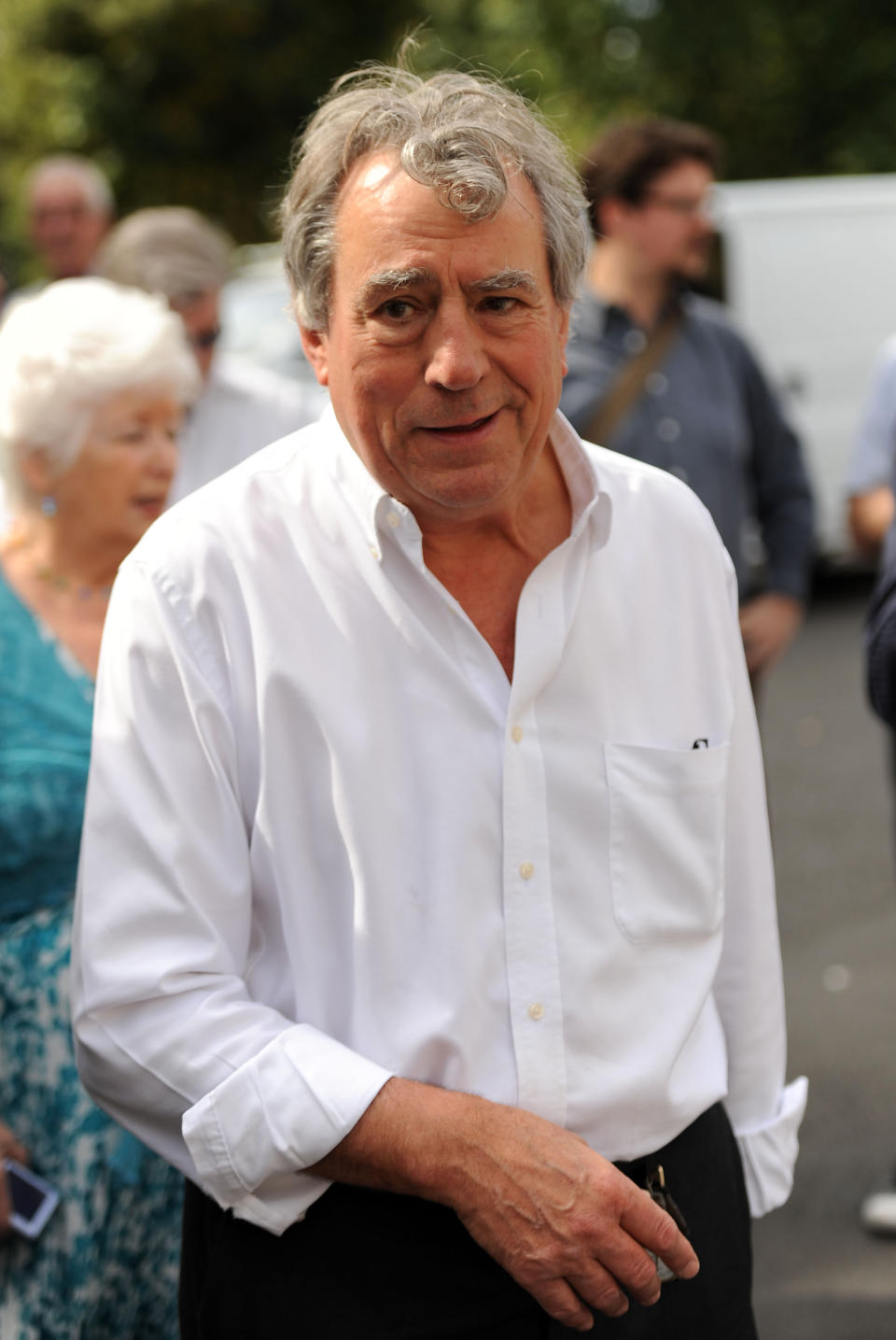 Terry Jones arrives for the unveiling of a British comedy society plaque outside The Angel Inn in Highgate, London, dedicated to former Monty Python star Graham Chapman.