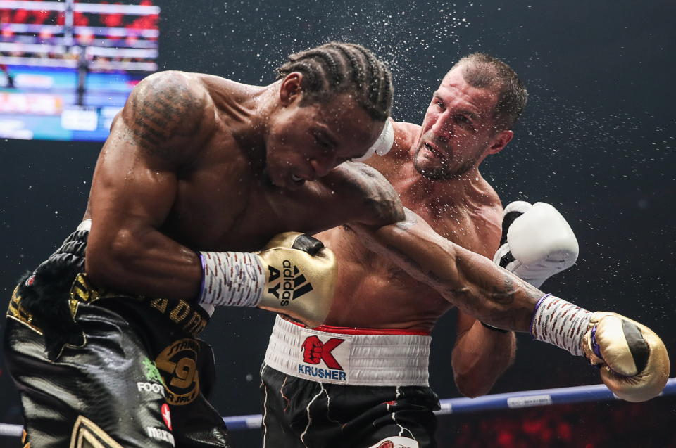 CHELYABINSK, RUSSIA - AUGUST 25, 2019: British boxer Anthony Yarde (L) and Russian boxer Sergey Kovalev in their WBO light heavyweight title bout during a boxing show at Traktor Ice Arena. Valery Sharifulin/TASS (Photo by Valery Sharifulin\TASS via Getty Images)