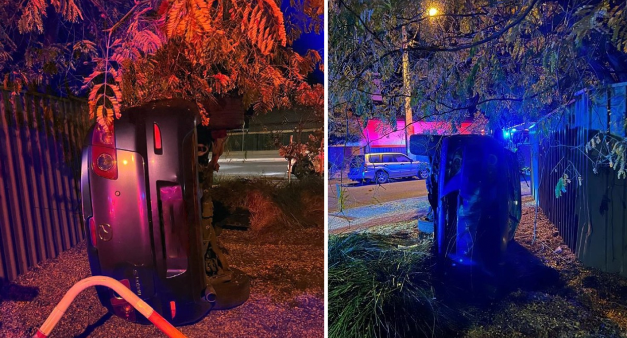 Two images show the car from the back (left) and the front (right) on its side landing by a resident's fence in Glenelg North, Adelaide, after the couple's 'ill-timed' kiss..