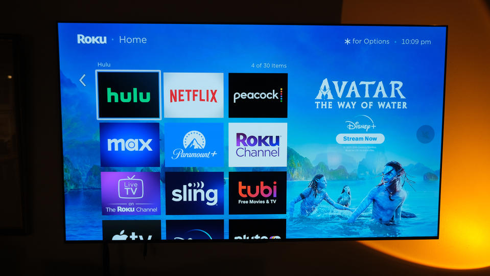 The Roku home screen features a takeover ad from Avatar the way of water