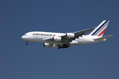 An Air France Airbus A380-800, with Tail Number F-HPJJ, lands at San Francisco International Airport, San Francisco, California, April 14, 2015. REUTERS/Louis Nastro