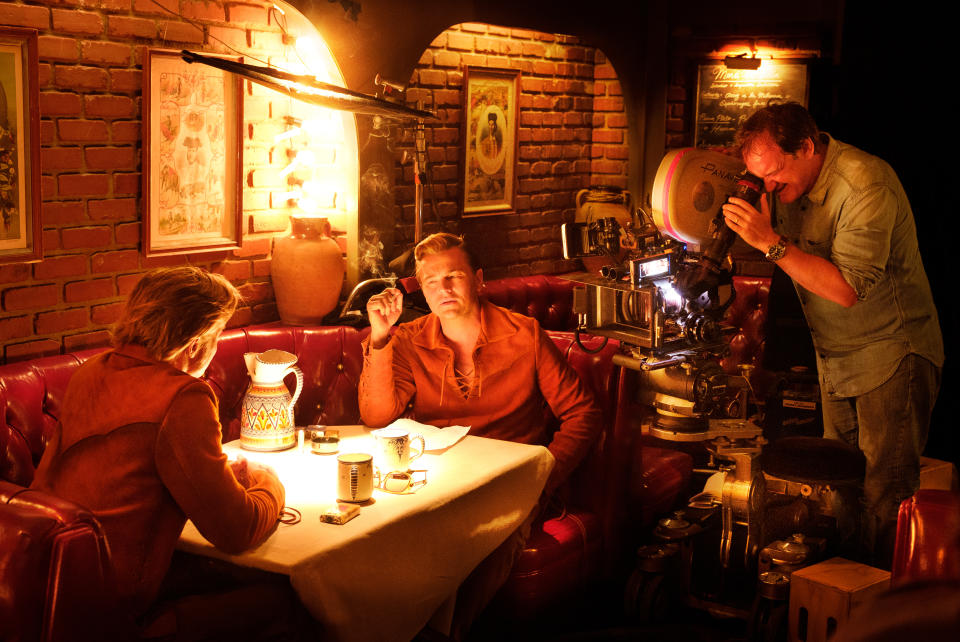 Quentin Tarantino, Leonardo DiCaprio and Brad Pitt on the set of <i>Once Upon A Time In Hollywood</i>. (Sony Pictures)