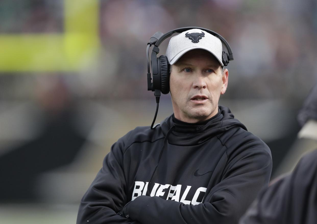 FILE - In this Nov. 19, 2016, file photo, Buffalo head coach Lance Leipold walks the sidelines during the first half of an NCAA college football game against Western Michigan, in Kalamazoo, Mich. Buffalo coach Lance Leipold didn't get much time to enjoy his school's first win over a Big Ten opponent or relish the Bulls getting off to their first 4-0 start in nearly four decades.
A few hours after returning home following a 42-13 rout at Rutgers on Saturday, Leipold's mood turned upon seeing how Army nearly toppled then-fifth-ranked Oklahoma, and on the road, no less. 