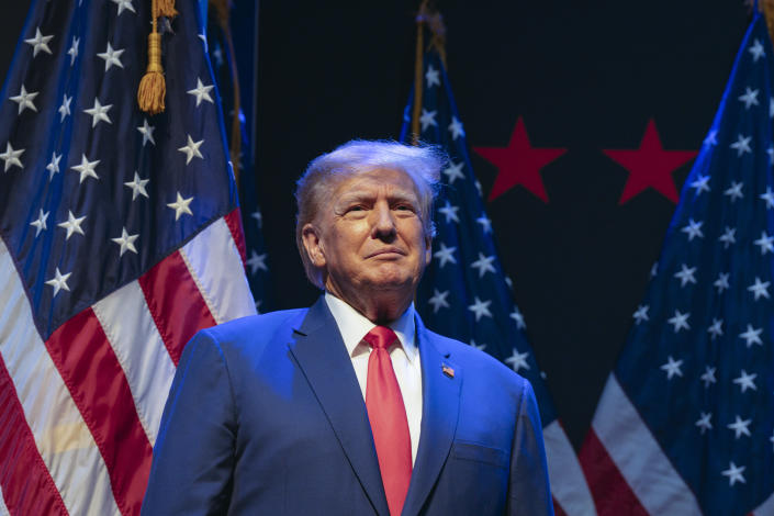 Former President Donald Trump speaks at a rally in Davenport, Iowa, on March 12, 2023. (Desiree Rios/The New York Times)