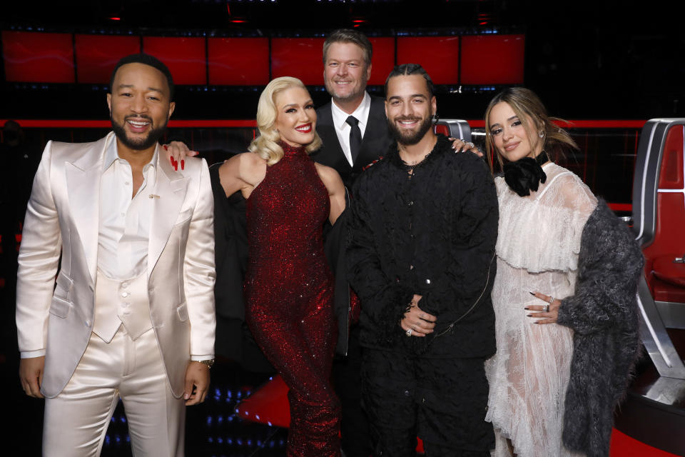 (L-R) John Legend, Gwen Stefani, Blake Shelton, Maluma, Camila Cabello