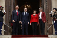 French Foreign Minister Catherine Colonna, second right, and French Defense Minister Sebastien Lecornu, second left, pose with Australian Defense Minister Richard Marles, left, and Australian Foreign Minister Penny Wong prior to their joint meeting at the French foreign ministry in Paris, Monday, Jan.30, 2023. (Yoan Valat, Pool via AP)