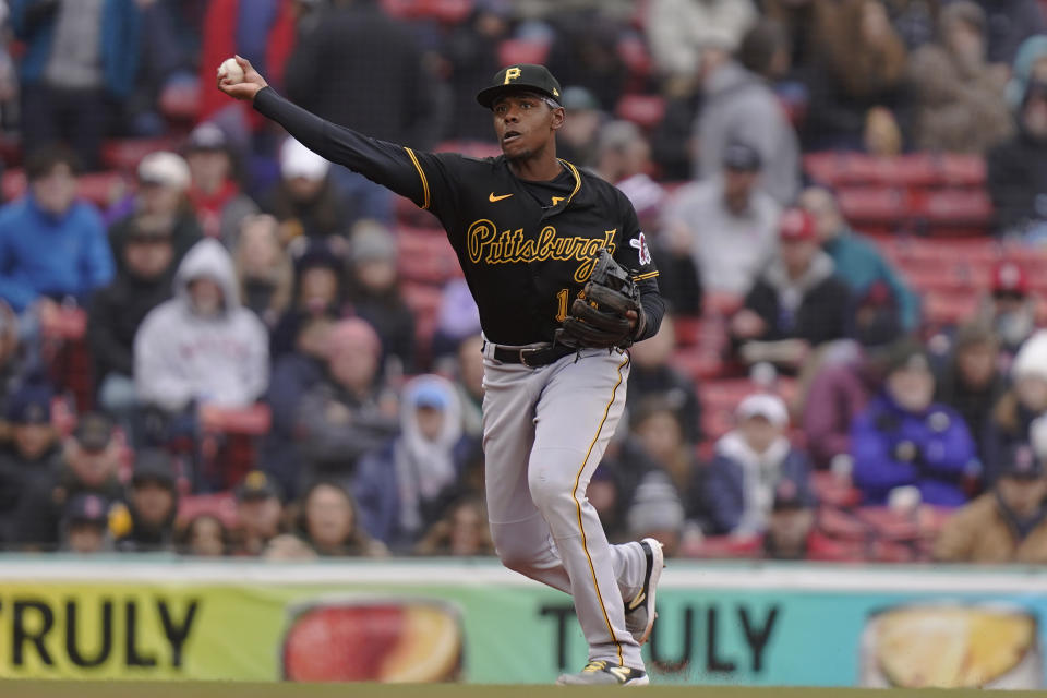 Pittsburgh Pirates' Ke'Bryan Hayes throws to first to retire Boston Red Sox's Connor Wong in the sixth inning of a baseball game, Wednesday, April 5, 2023, in Boston. (AP Photo/Steven Senne)