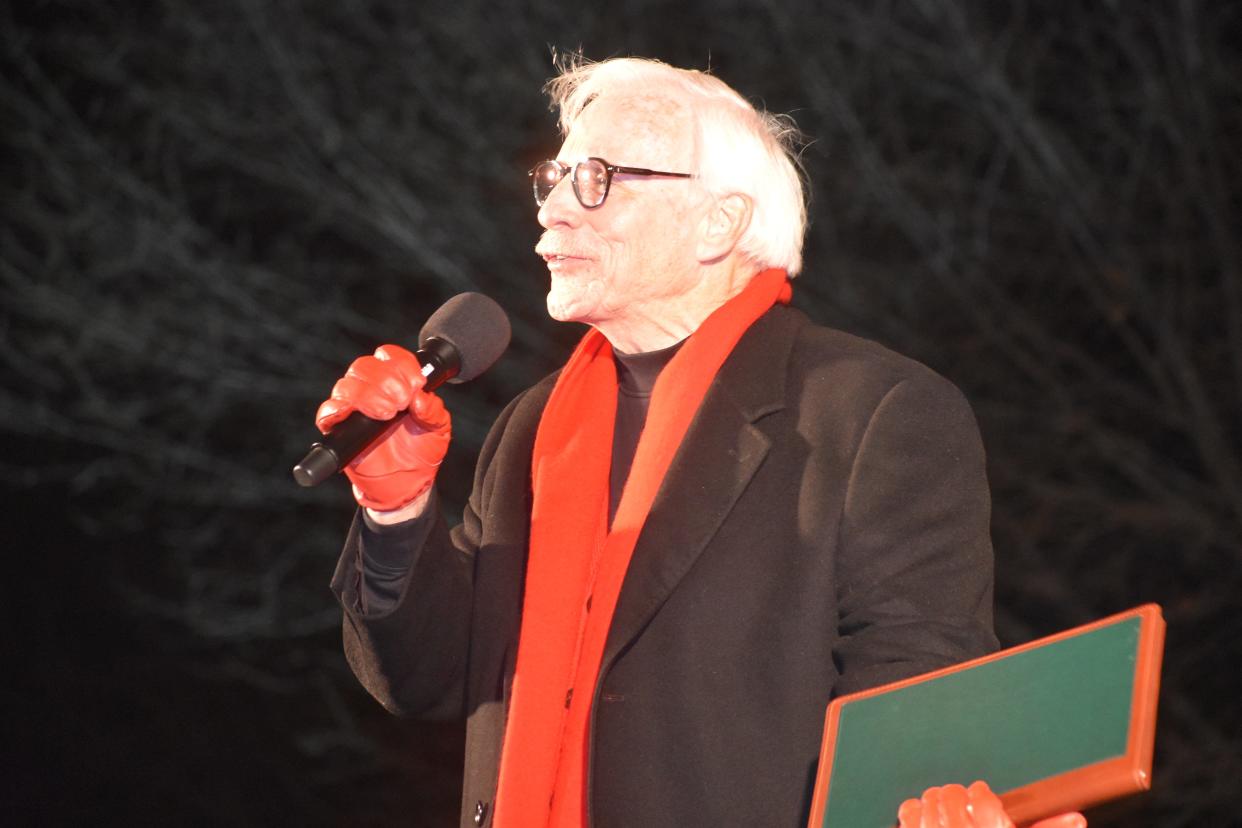 Former Adrian mayor and longtime Comstock Christmas Riverwalk organizer Jim Berryman, shares some words prior to the annual lighting of Comstock Park, Friday, Dec. 2, 2022, in Adrian.