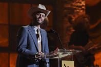 Charley Crockett accepts the emerging act of the year award at the Americana Honors & Awards show Wednesday, Sept. 22, 2021, in Nashville, Tenn. (AP Photo/Mark Zaleski)