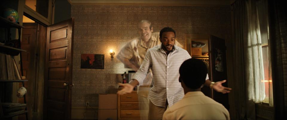 The spirited Ernest (David Harbour, back) pokes fun at dad Frank (Anthony Mackie) as Kevin (Jahi Winston) looks on in the supernatural comedy "We Have a Ghost."