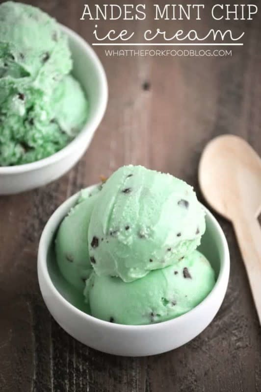 <p>What the Fork</p><p>This Andes Mint Chip Ice Cream is the perfect easy green dessert to make for St. Patrick's Day. It’s creamy, has a wonderful mint flavor. It’s the perfect minty dessert.</p><p><strong>Get the recipe: <a href="https://www.whattheforkfoodblog.com/2015/06/22/andes-mint-chip-ice-cream/" rel="nofollow noopener" target="_blank" data-ylk="slk:Andes Mint Chip Ice Cream;elm:context_link;itc:0;sec:content-canvas" class="link rapid-noclick-resp">Andes Mint Chip Ice Cream</a></strong></p>