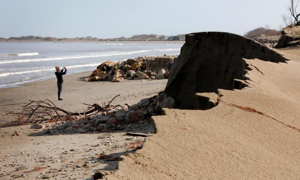 The aftermath of storm Gloria and disappearing sand dunes at Riumar beach in the Ebro delta.