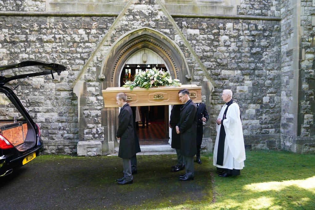 The coffin of James Brokenshire is carried from St John the Evangelist Church in Bexley, south-east London, after his funeral (Stefan Rousseau/PA) (PA Wire)