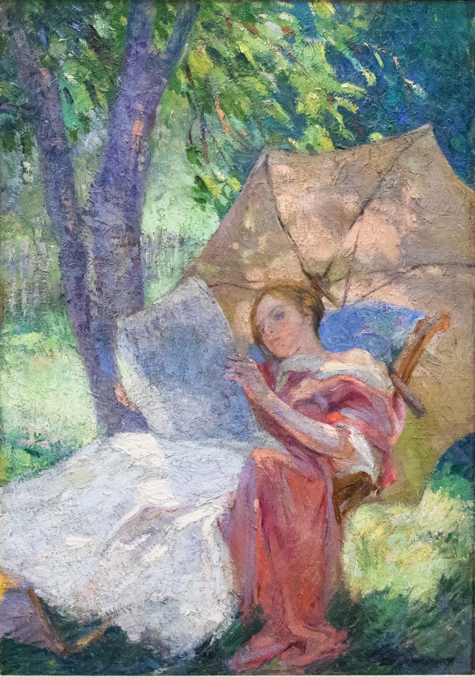 “Young Woman with a Parasol Reading” by Catherine Wiley is one of the paintings featured in the newly re-installed permanent exhibition, “Higher Ground, : A Century of the Visual Arts in East Tennessee” at the KMA.