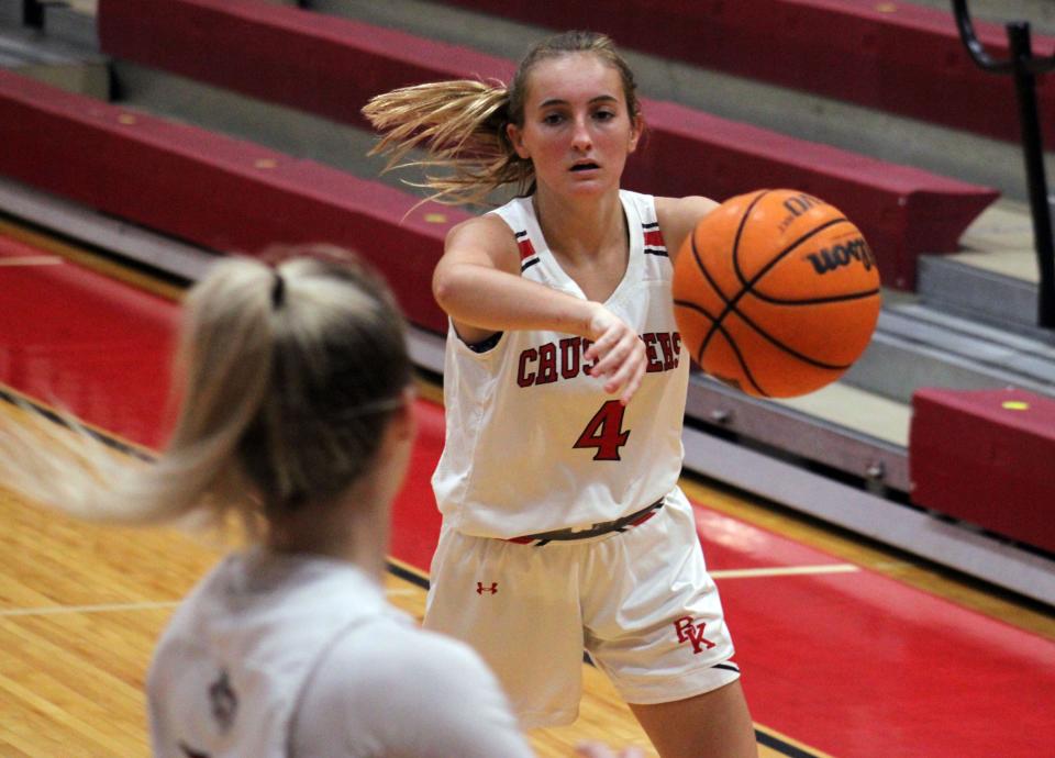 Bishop Kenny guard Reese Mayer (4) throws a pass during a high school girls basketball game against Orlando Jones on December 20, 2022. [Clayton Freeman/Florida Times-Union]