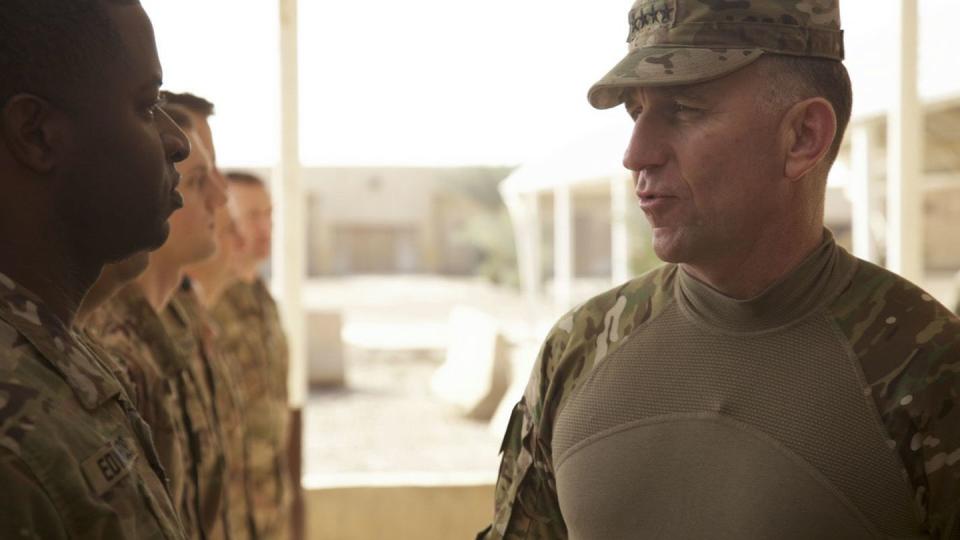 Now-retired Gen. Robert Abrams, then the commanding general of Army Forces Command, meets soldiers deployed in support of Combined Joint Task Force – Operation Inherent Resolve, at Camp Taji, Iraq, Nov. 16, 2017. (Cpl. Rachel Diehm/Army)