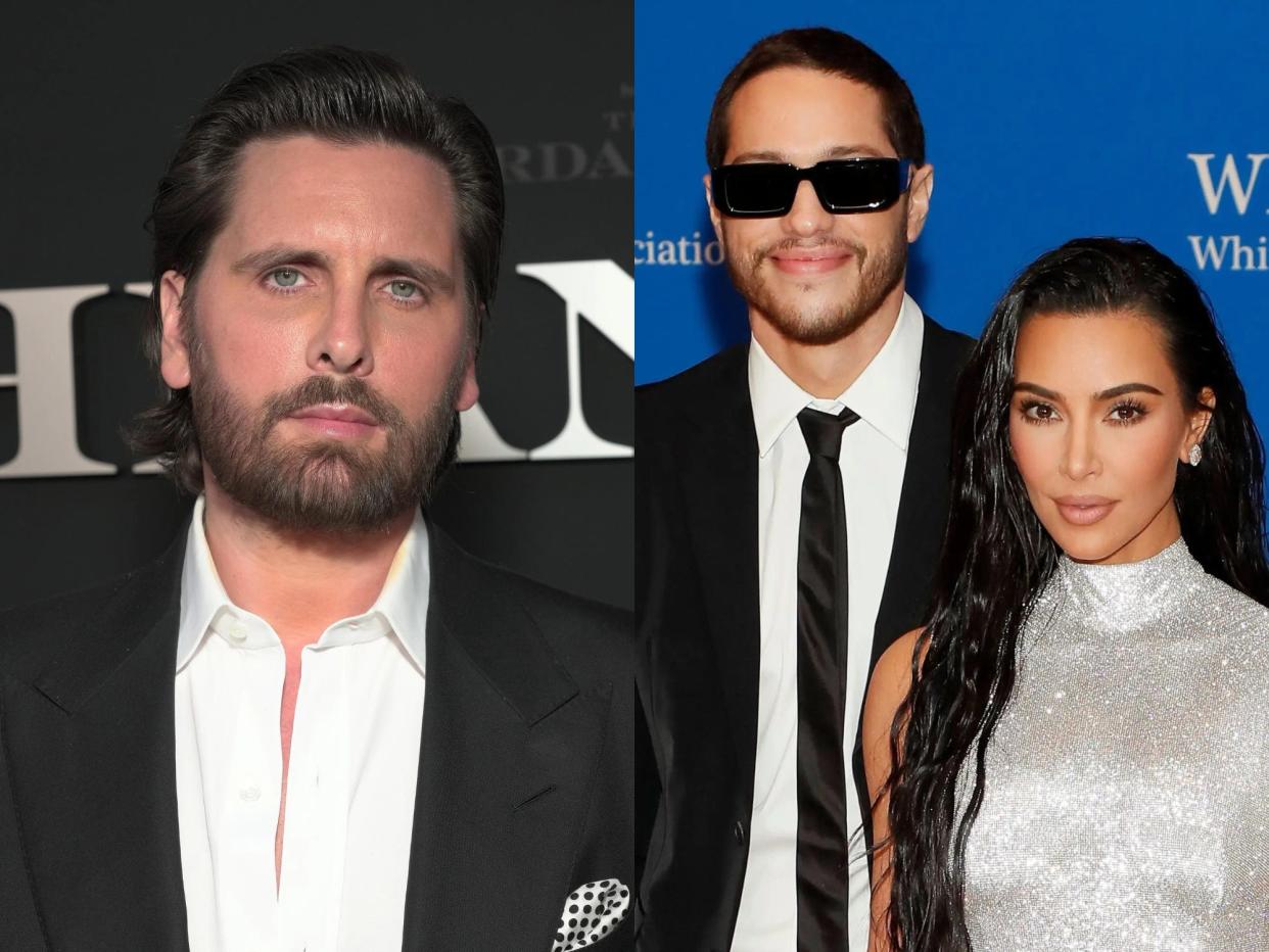 left: scott disick on the kardashians premiere red carpet, looking neutrally at the camera and wearing a black suit with his hair slicked back; right: kim kardashian and pete davidson on the white house correspondents dinner red carpet, with both slightly smiling and looking at the camera