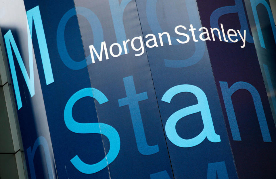 FILE - In this Oct. 18, 2011, file photo, the Morgan Stanley logo is displayed on its Times Square building, in New York. Morgan Stanley reports their quarterly earnings, Thursday, Oct. 14, 2021. (AP Photo/Mark Lennihan, File)