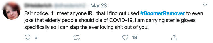 Tweet expressing woman's warning that she will slap anyone who uses the Boomer remover hashtag online during COVID-19 pandemic