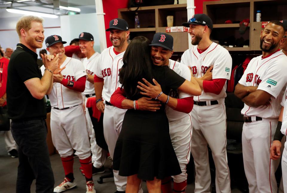 <p>Meghan meets her distant cousin Mookie Betts ahead of the Boston Red Sox game against the New York Yankees at London Stadium.</p>