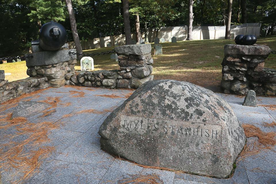 A stone marks where Myles Standish is buried in the Myles Standish Burial Ground in Duxbury.