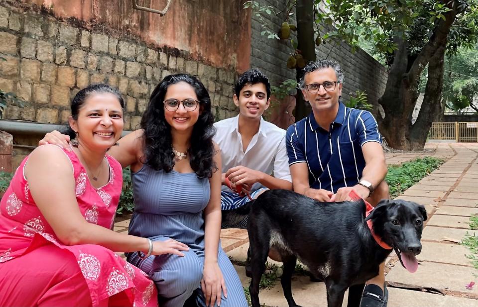 From left to right: Menaka Gubbi, Mythili Gubbi, Surya Gubbi, Rajesh Chandrasekhar and our dog, Zara; taken in Bangalore, Karnataka, India, in May 2021.