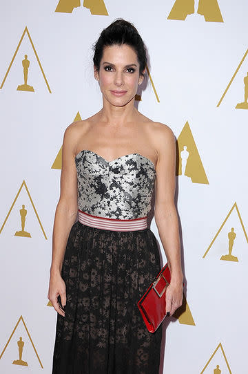 sandra bullock bun, floral skirt, bustiere, oscar nominees luncheon 2014.